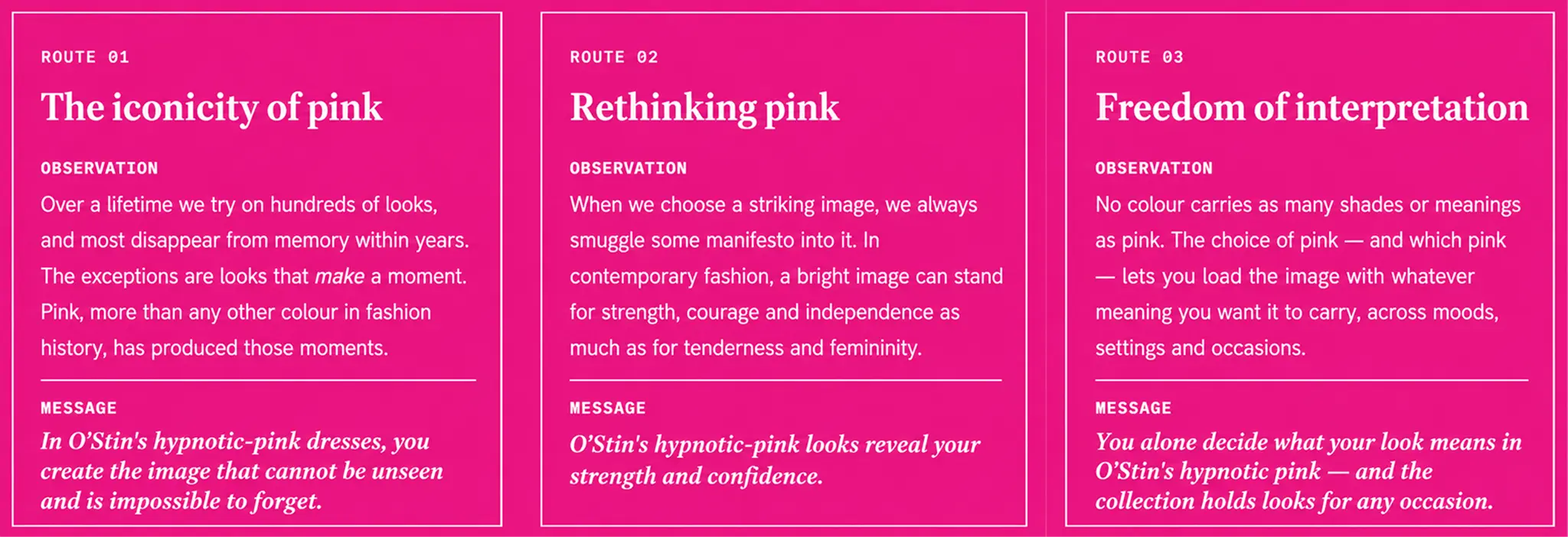 O'Stin — three communication directions on pink (Route 01–03)
